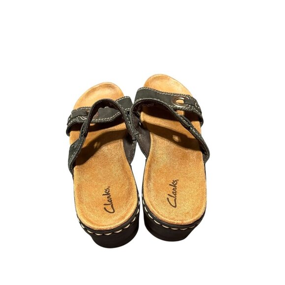 Clarks Womens Black Slide Sandals With Double Straps & Metal Accents Size 9M - Picture 2 of 8